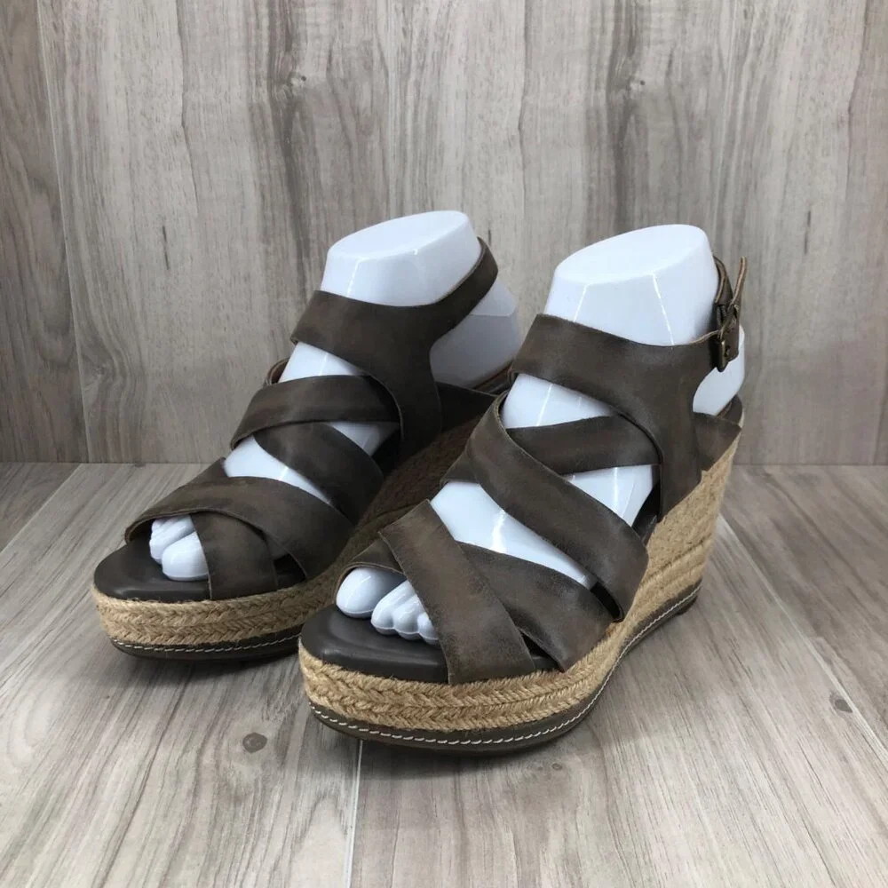 Clarks Indigo Wedge Sandals Womens 7M Taupe Leather Buckle Strap Espadrille